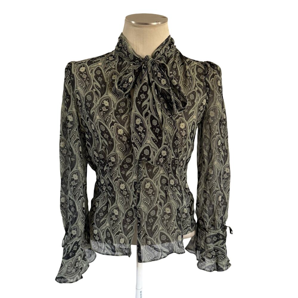 NWT VTG Y2K 2000s Green Floral Silk Blouse S Forest Fairy Grunge